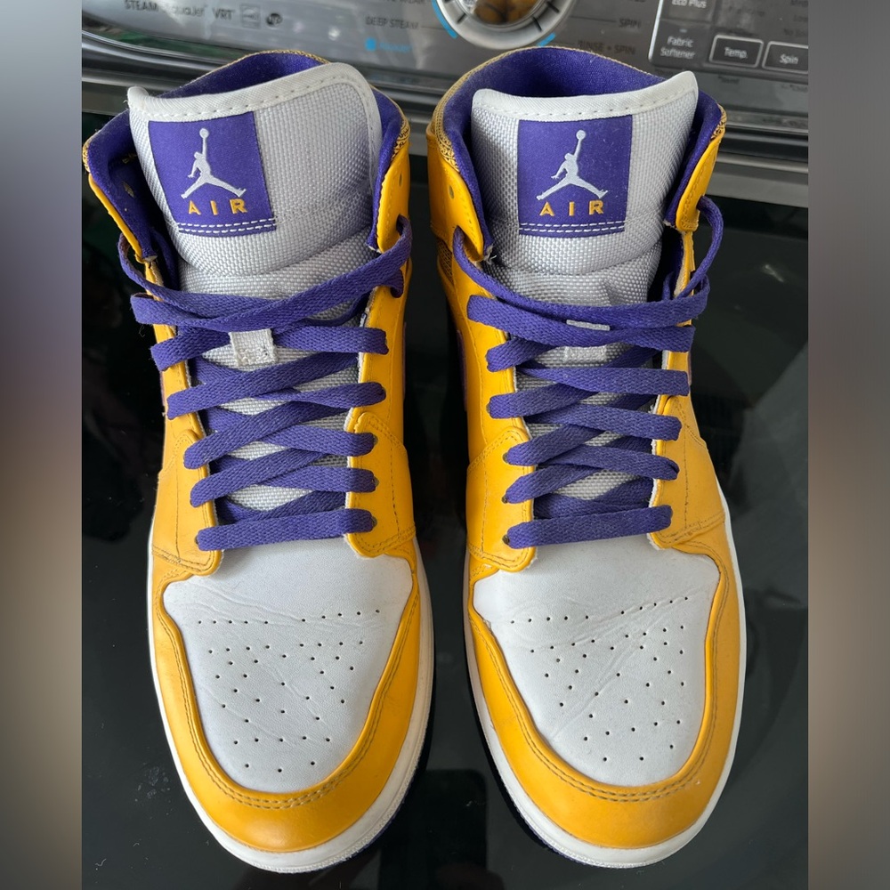 Yellow purple and white air Jordan size 10